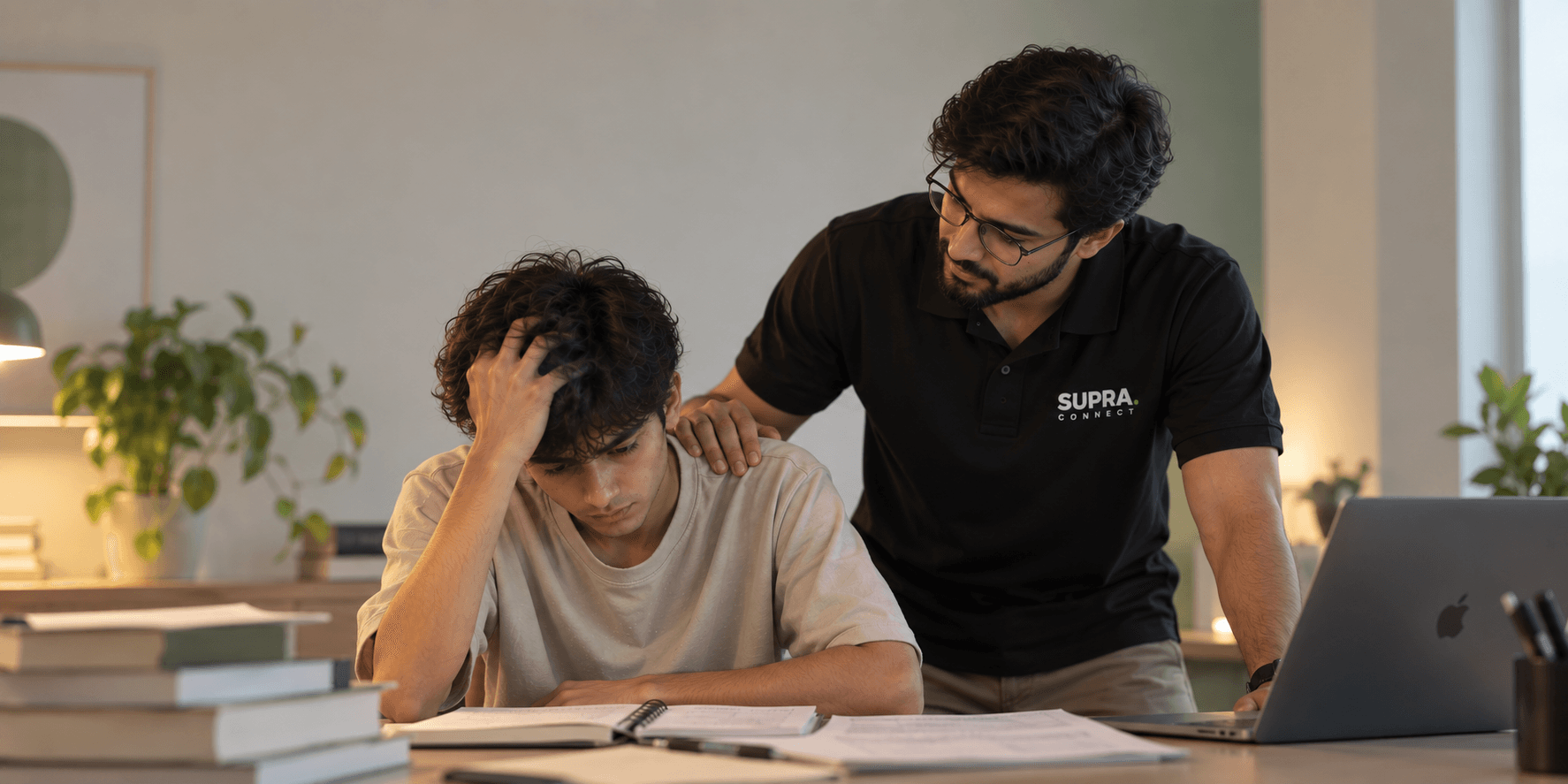 A student on one side of the SUPRA Connect bridge and a mentor who has reached the goal on the other, reaching out to help
